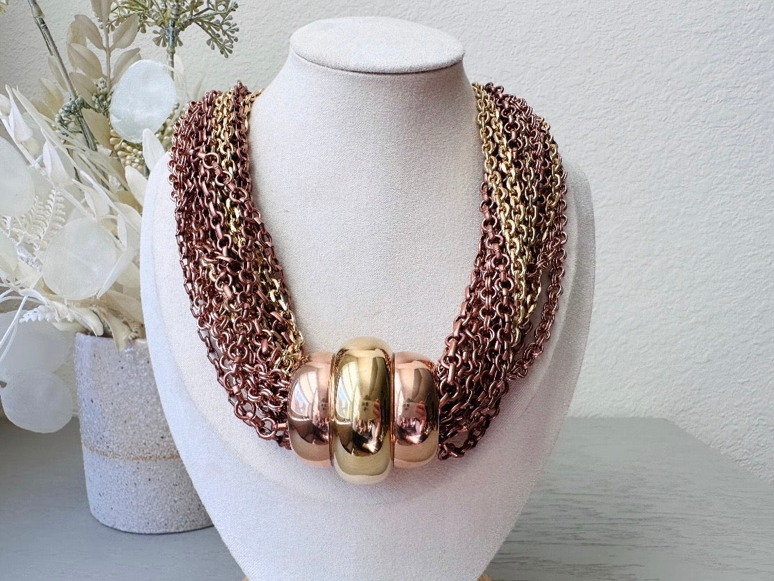 Vintage Monet Torsade Necklace, Mixed Metals Multi-strand Statement Necklace on bust