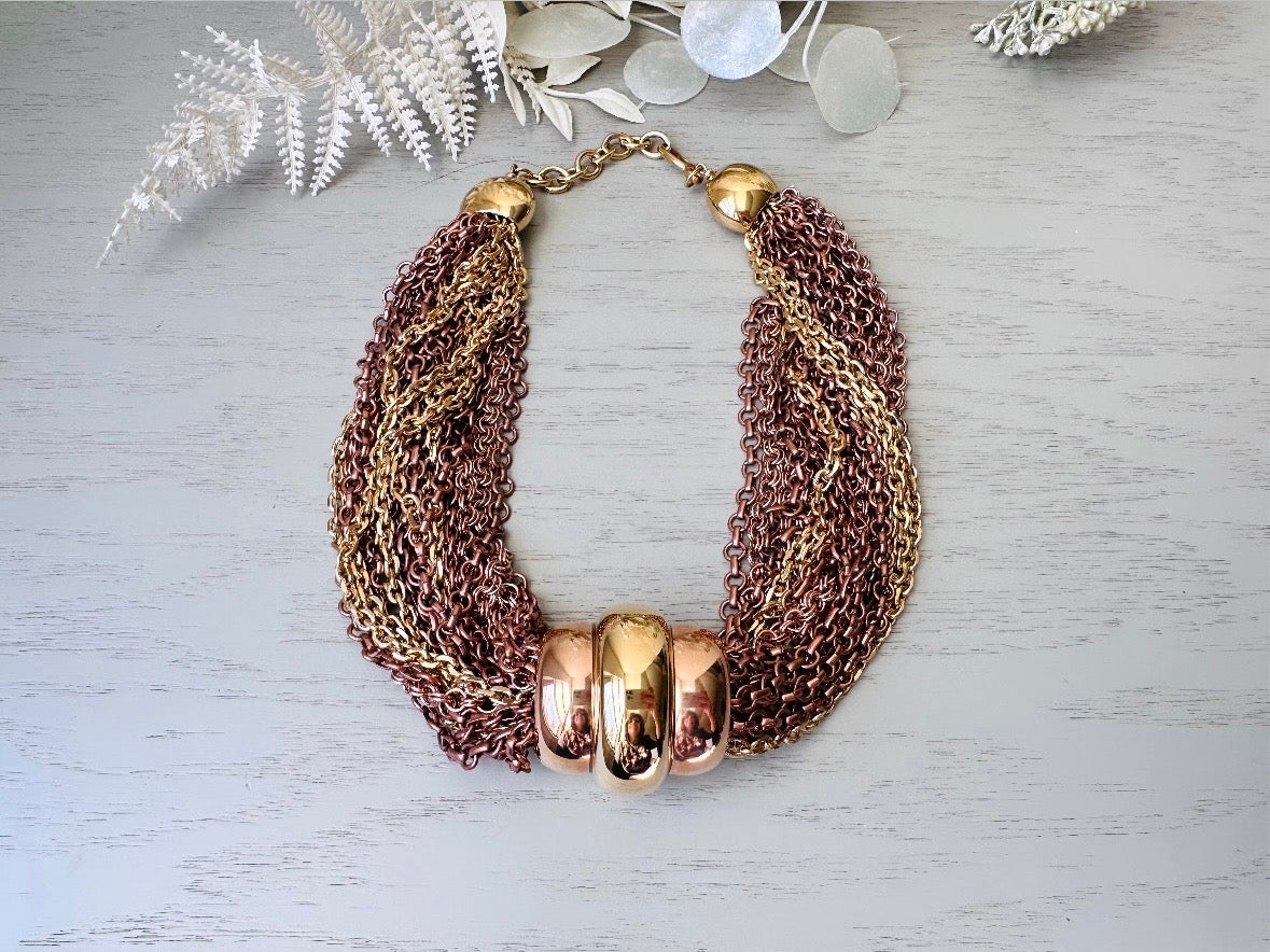 top view Vintage Monet Torsade Necklace, Mixed Metals Multi-strand Statement Necklace