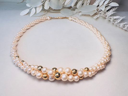 Vintage Napier Multistrand Pearl Necklace with Gold Accent Beads, Beaded Bridal Choker Collar Necklace