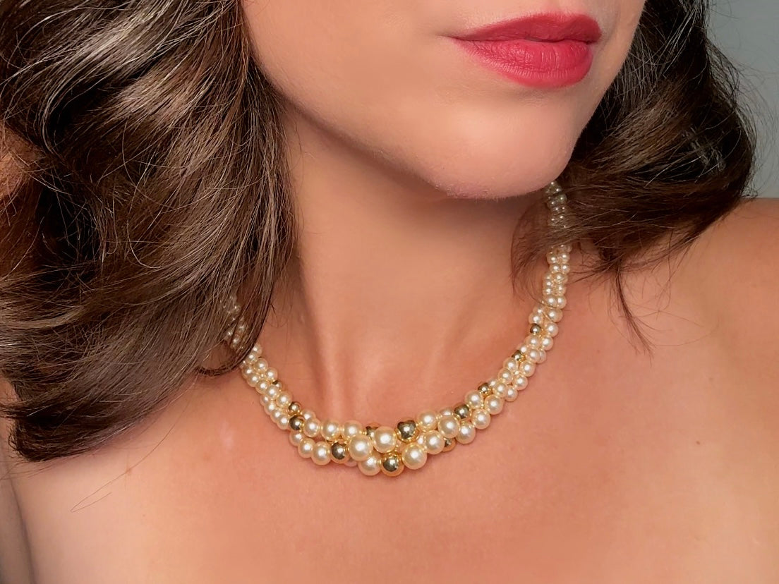 Vintage Napier Multistrand Pearl Necklace with Gold Accent Beads, Beaded Bridal Choker Collar Necklace