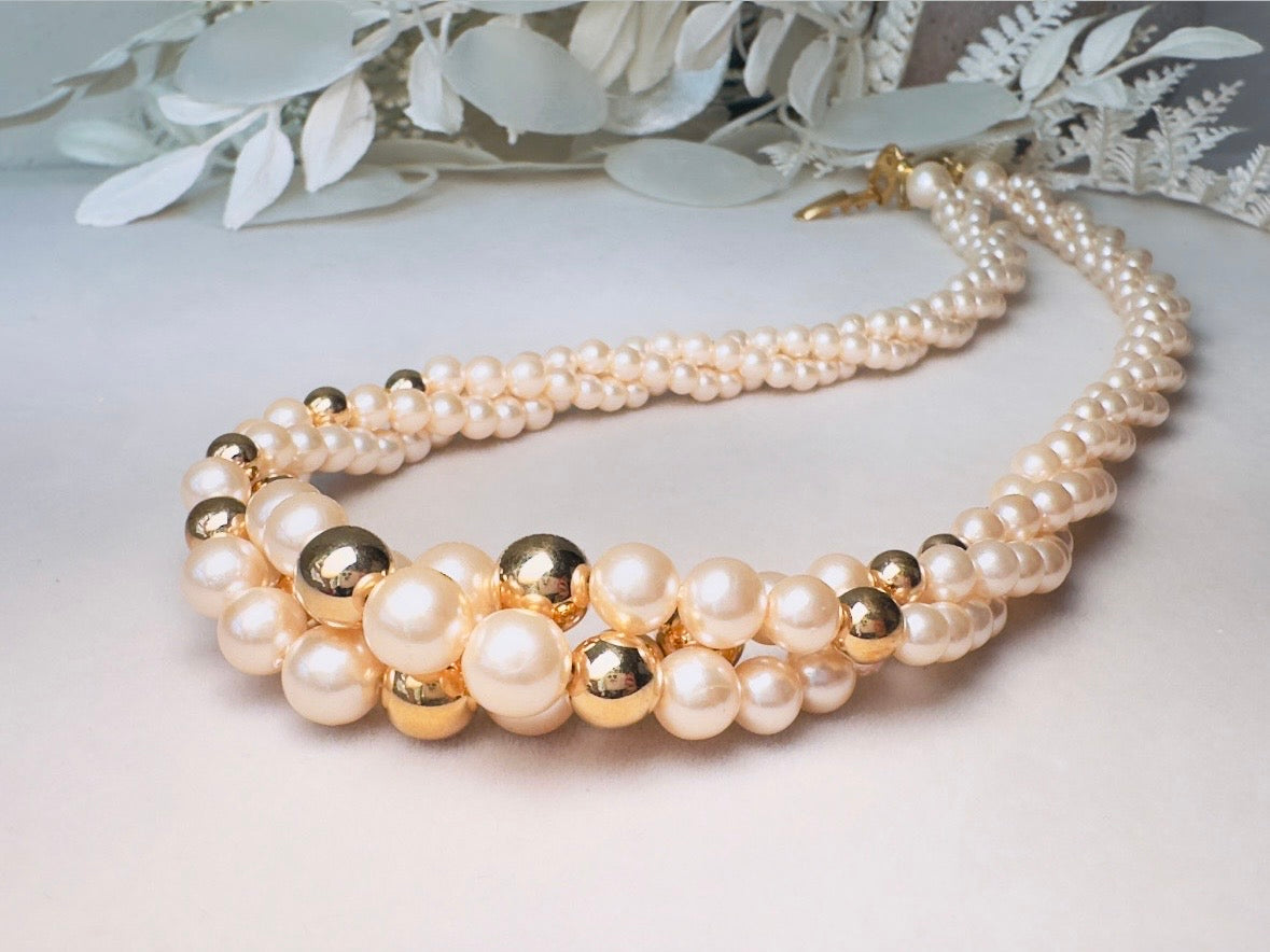Vintage Napier Multistrand Pearl Necklace with Gold Accent Beads, Beaded Bridal Choker Collar Necklace