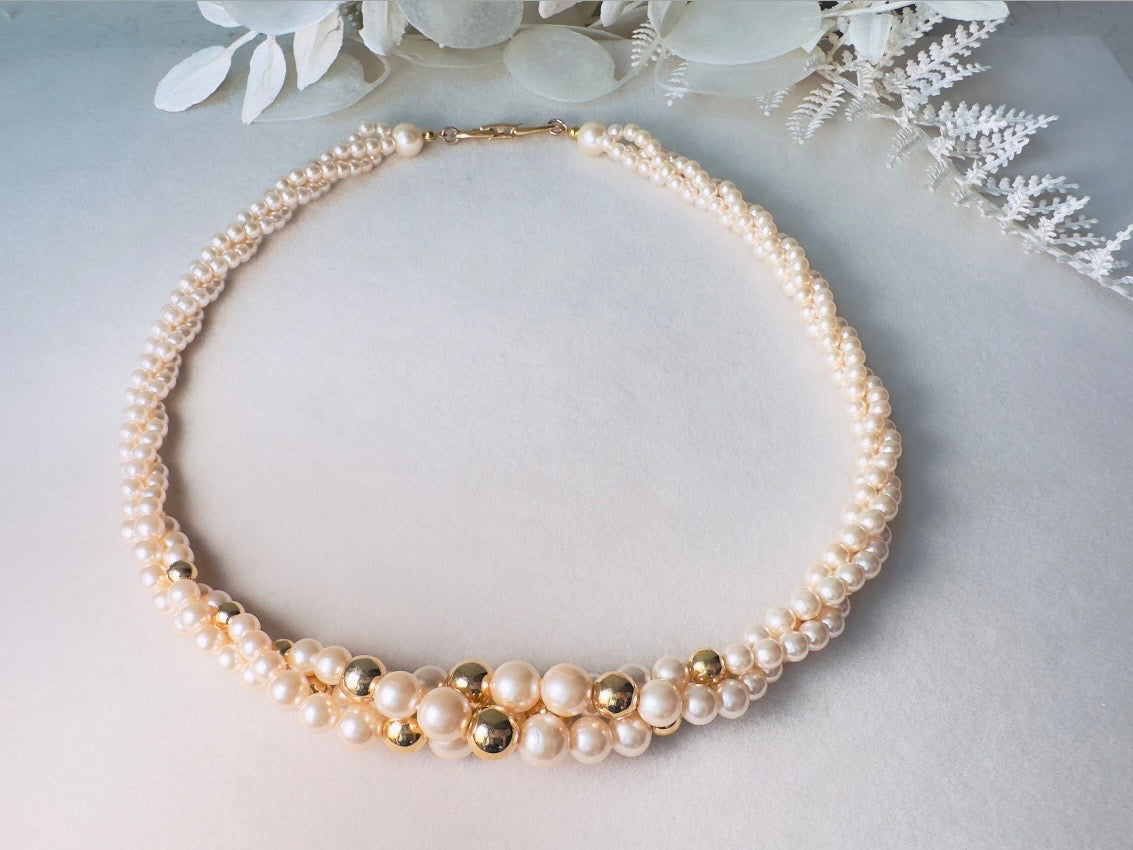 Vintage Napier Multistrand Pearl Necklace with Gold Accent Beads, Beaded Bridal Choker Collar Necklace