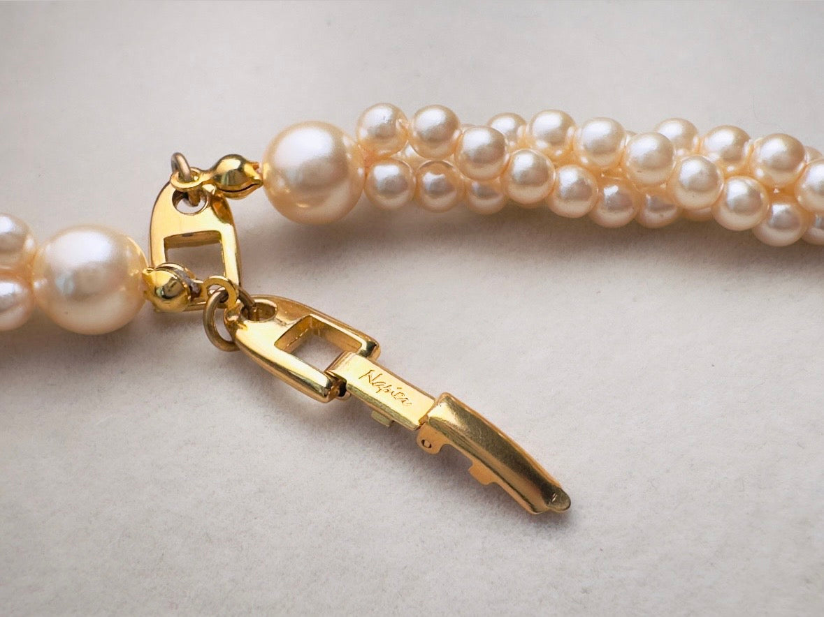 Vintage Napier Multistrand Pearl Necklace with Gold Accent Beads, Beaded Bridal Choker Collar Necklace