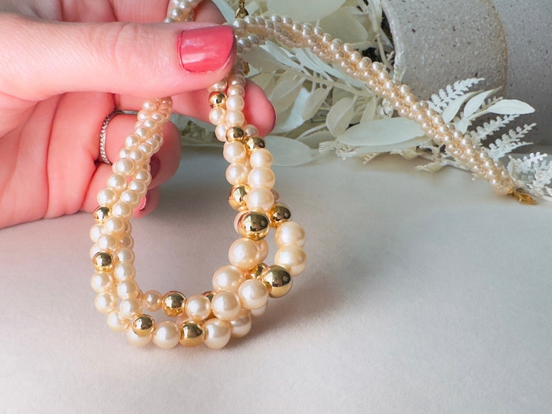 Vintage Napier Multistrand Pearl Necklace with Gold Accent Beads, Beaded Bridal Choker Collar Necklace