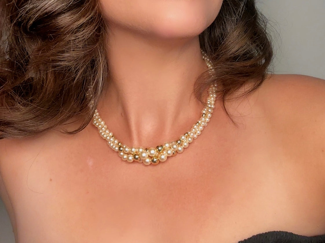 Vintage Napier Multistrand Pearl Necklace with Gold Accent Beads, Beaded Bridal Choker Collar Necklace