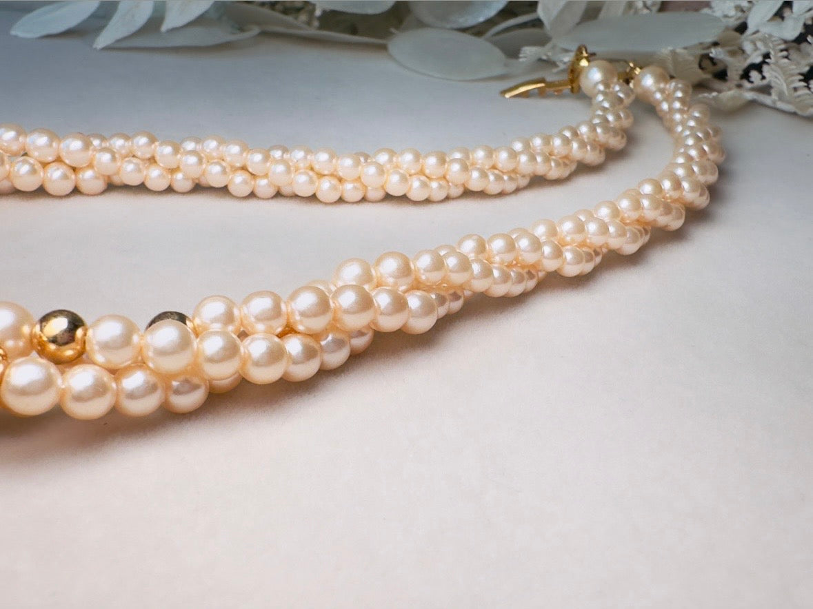 Vintage Napier Multistrand Pearl Necklace with Gold Accent Beads, Beaded Bridal Choker Collar Necklace