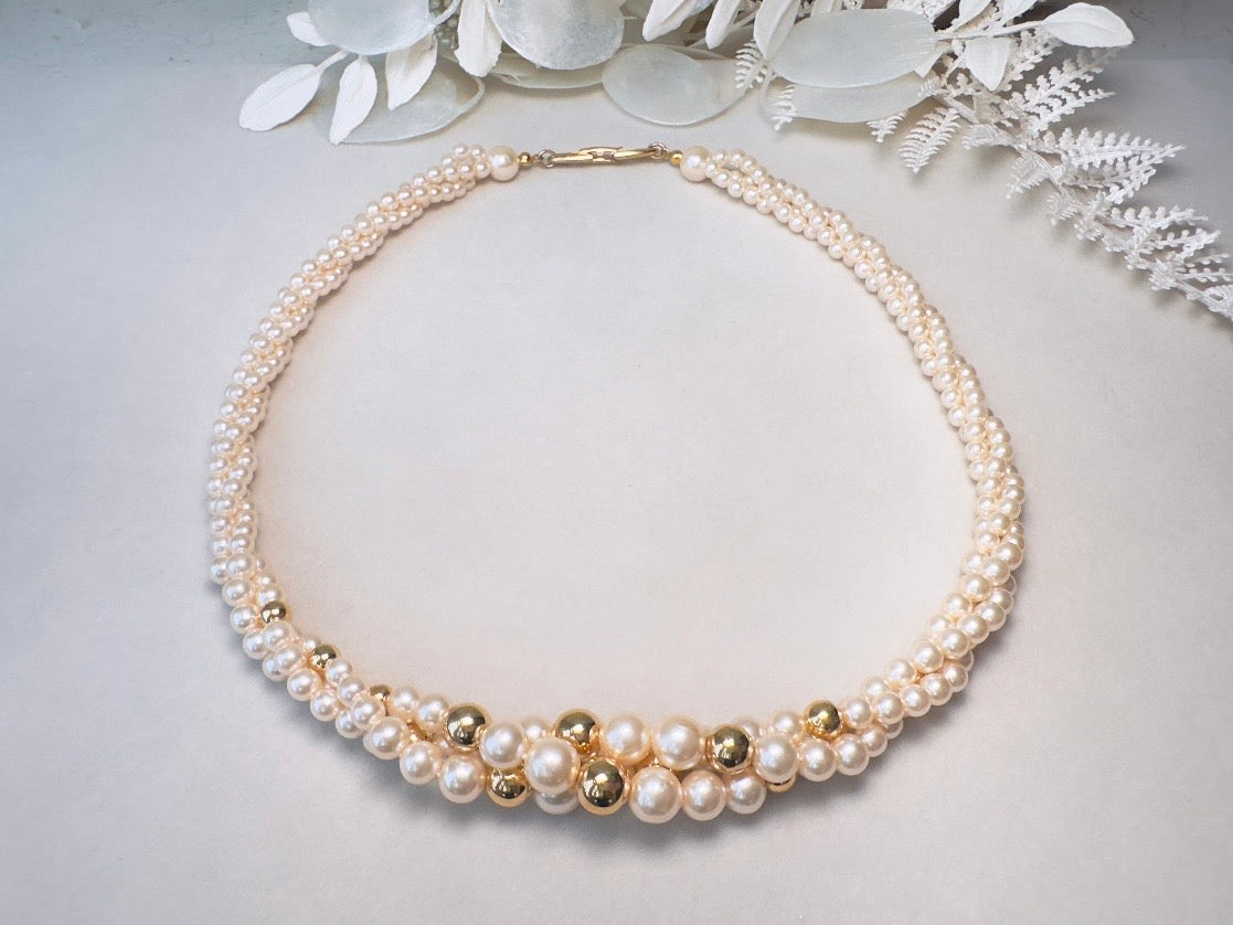 Vintage Napier Multistrand Pearl Necklace with Gold Accent Beads, Beaded Bridal Choker Collar Necklace