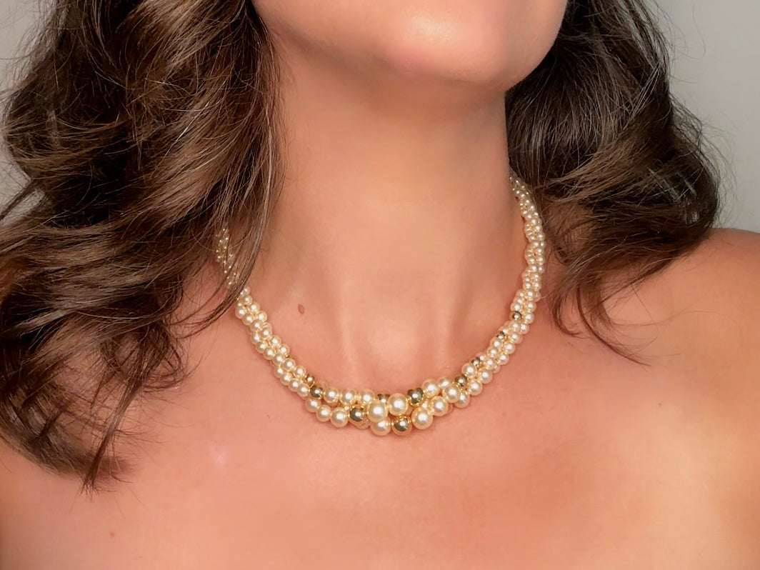 Vintage Napier Multistrand Pearl Necklace with Gold Accent Beads, Beaded Bridal Choker Collar Necklace