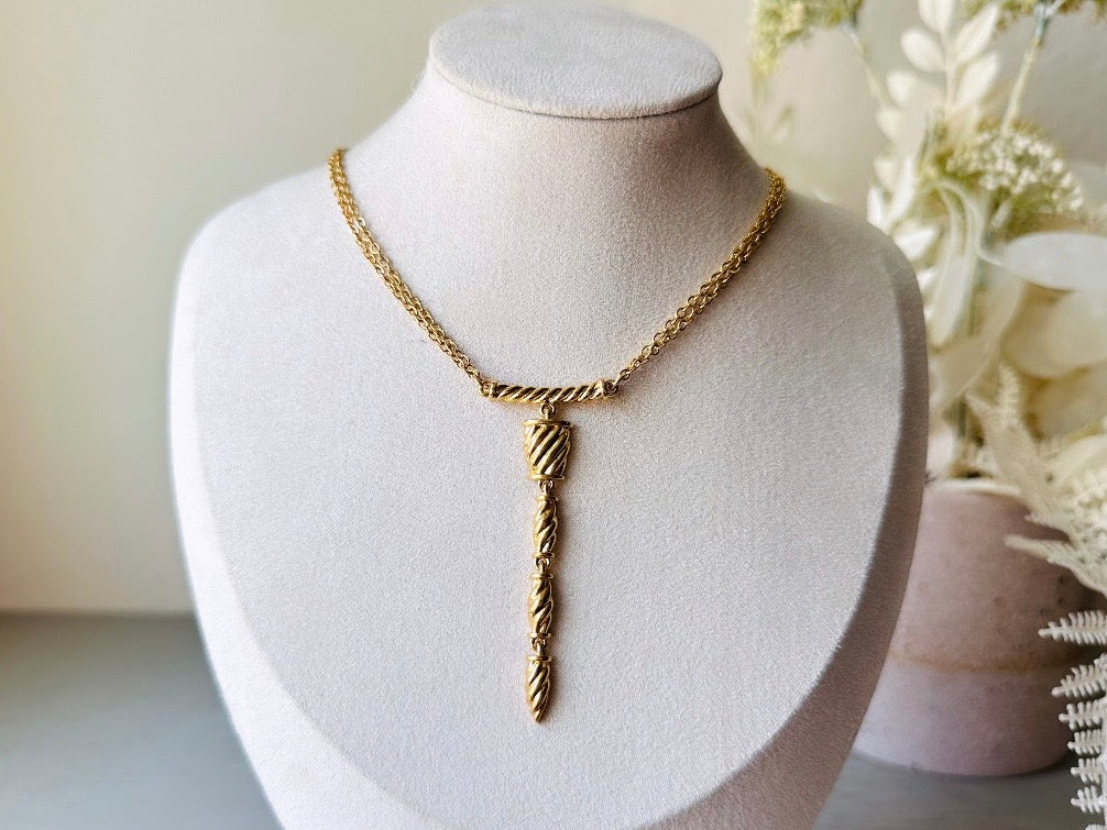 Vintage Napier Necklace, Sleek Gold Y Pendant Drop Necklace on bust