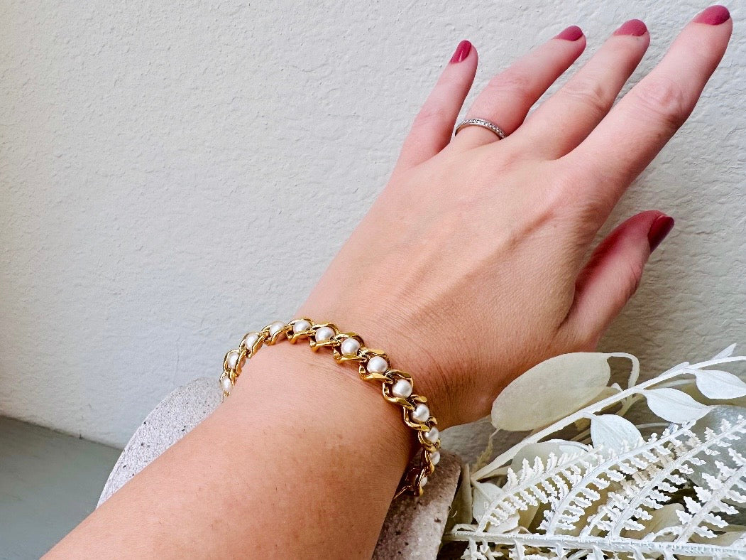 Vintage Napier Pearl and Gold Link Infinity Tennis Bracelet modelled