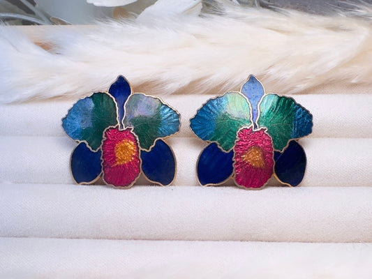 Vintage Orchid Earrings, Colorful Cloisonné Enamel Earrings, Large Floral Post Earrings for Summer