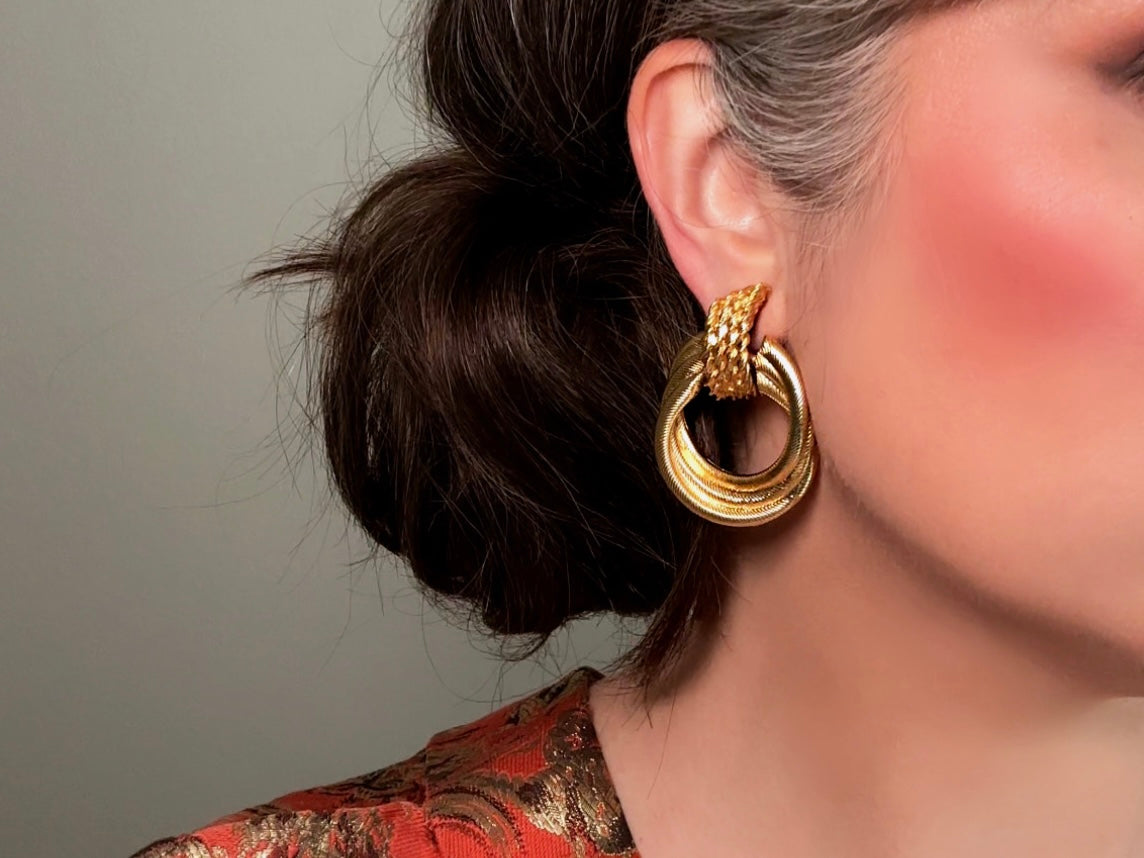 Vintage Oversized Gold Hoop Earrings, 1980s Dramatic Door Knocker Earrings modelled 