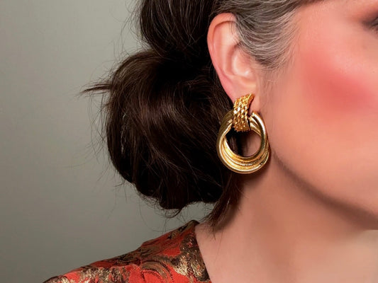 Vintage Oversized Gold Hoop Earrings, 1980s Dramatic Door Knocker Earrings modelled 