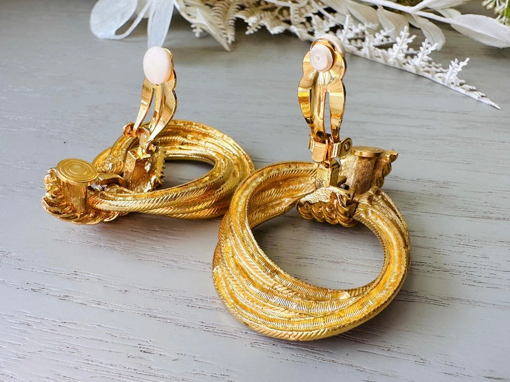 Vintage Oversized Gold Hoop Earrings, 1980s Dramatic Door Knocker Earrings showing paddle back clips