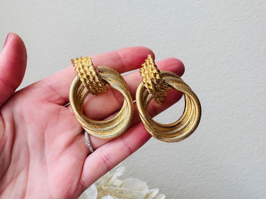 Vintage Oversized Gold Hoop Earrings, 1980s Dramatic Door Knocker Earrings in hands
