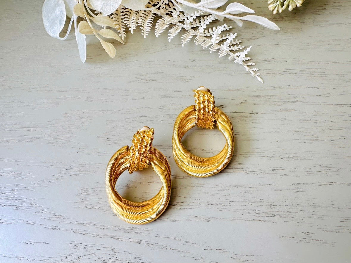 Vintage Oversized Gold Hoop Earrings, 1980s Dramatic Door Knocker Earrings top view