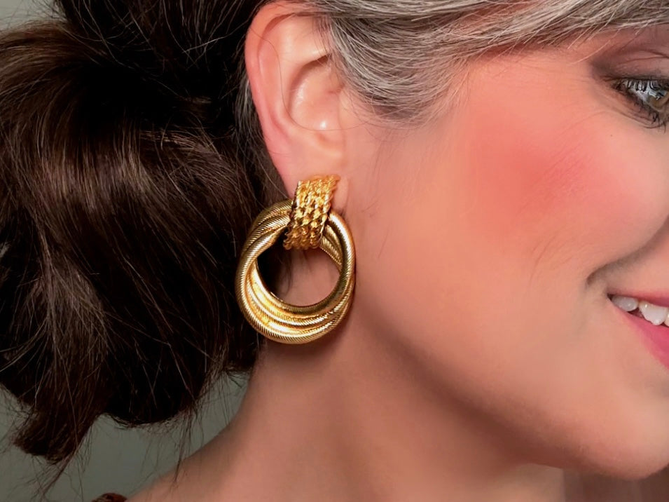 Vintage Oversized Gold Rope Hoop Earrings, 1980s Dramatic Door Knocker Earrings modelled by Bethan Jayne