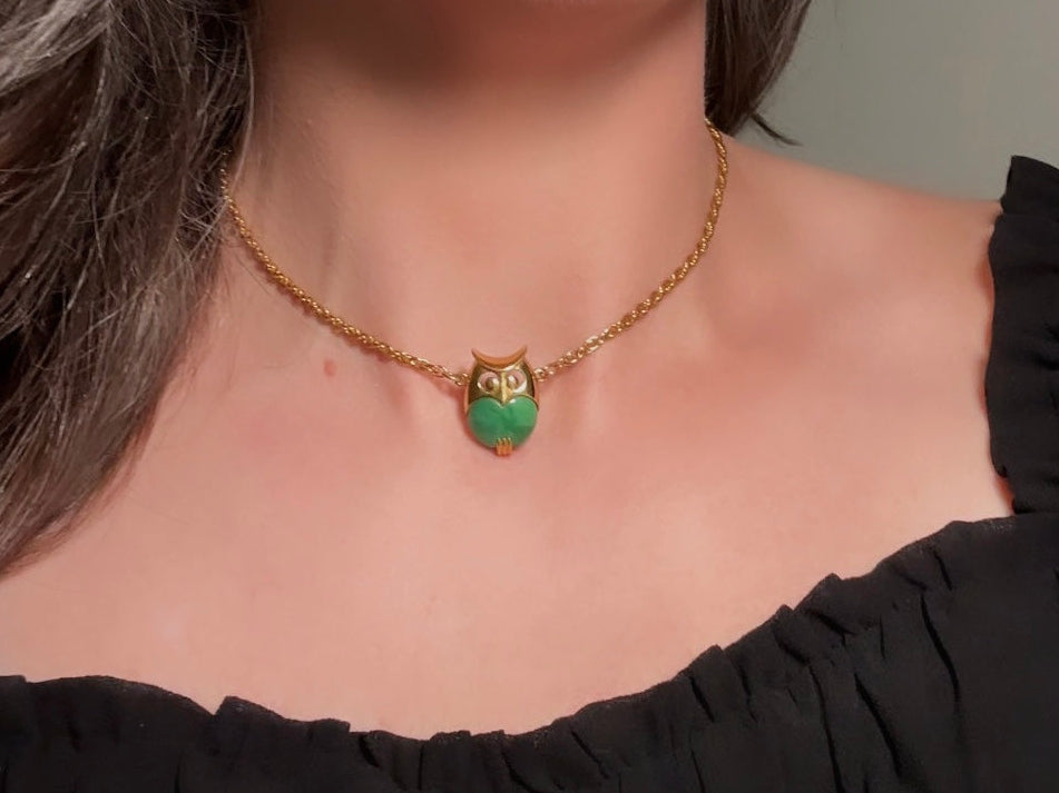 Vintage Owl Necklace, 60s Crown Trifari Jelly Belly Gold Choker with Green Lucite Owl Pendant