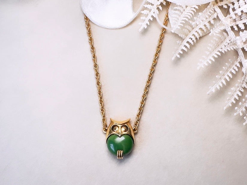Vintage Owl Necklace, 60s Crown Trifari Jelly Belly Gold Choker with Green Lucite Owl Pendant