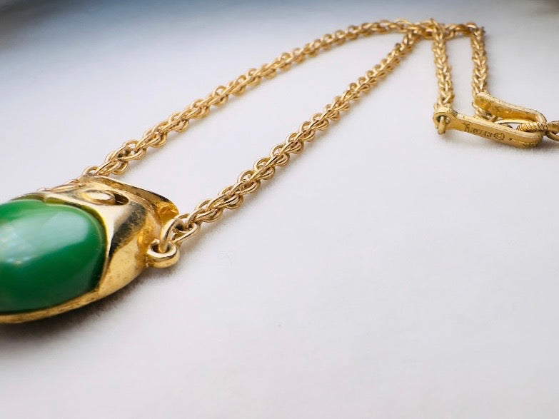 Vintage Owl Necklace, 60s Crown Trifari Jelly Belly Gold Choker with Green Lucite Owl Pendant