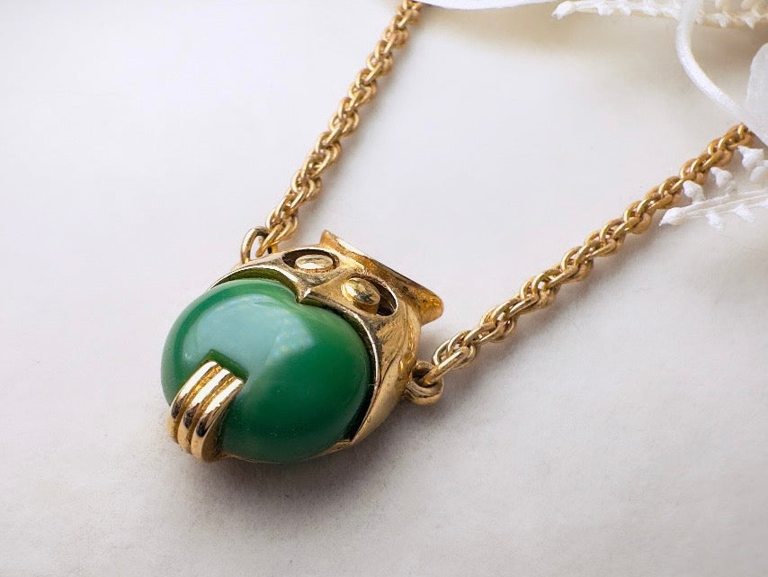 Vintage Owl Necklace, 60s Crown Trifari Jelly Belly Gold Choker with Green Lucite Owl Pendant