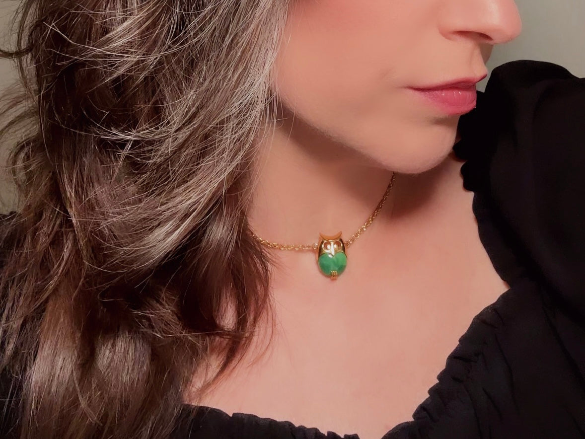 Vintage Owl Necklace, 60s Crown Trifari Jelly Belly Gold Choker with Green Lucite Owl Pendant
