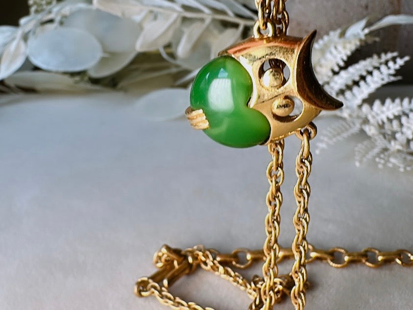Vintage Owl Necklace, 60s Crown Trifari Jelly Belly Gold Choker with Green Lucite Owl Pendant