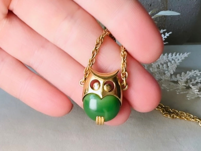Vintage Owl Necklace, 60s Crown Trifari Jelly Belly Gold Choker with Green Lucite Owl Pendant