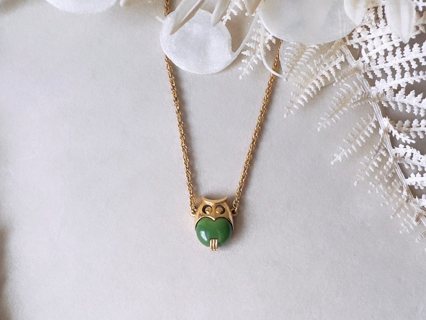 Vintage Owl Necklace, 60s Crown Trifari Jelly Belly Gold Choker with Green Lucite Owl Pendant