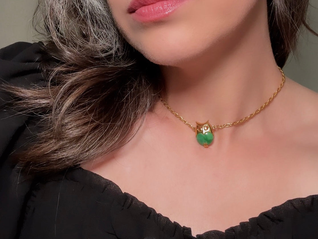 Vintage Owl Necklace, 60s Crown Trifari Jelly Belly Gold Choker with Green Lucite Owl Pendant