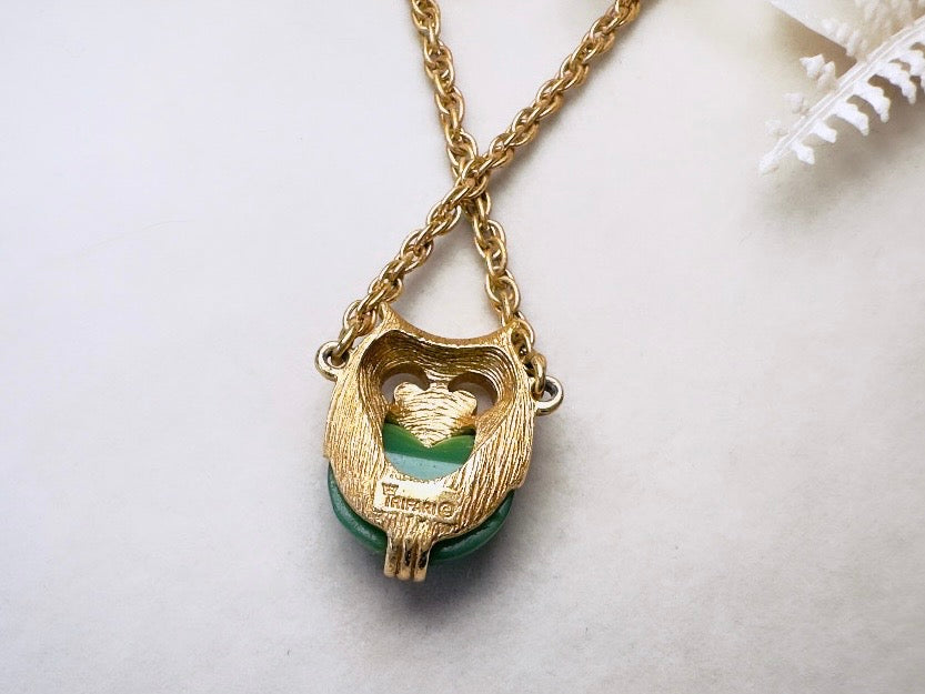 Vintage Owl Necklace, 60s Crown Trifari Jelly Belly Gold Choker with Green Lucite Owl Pendant