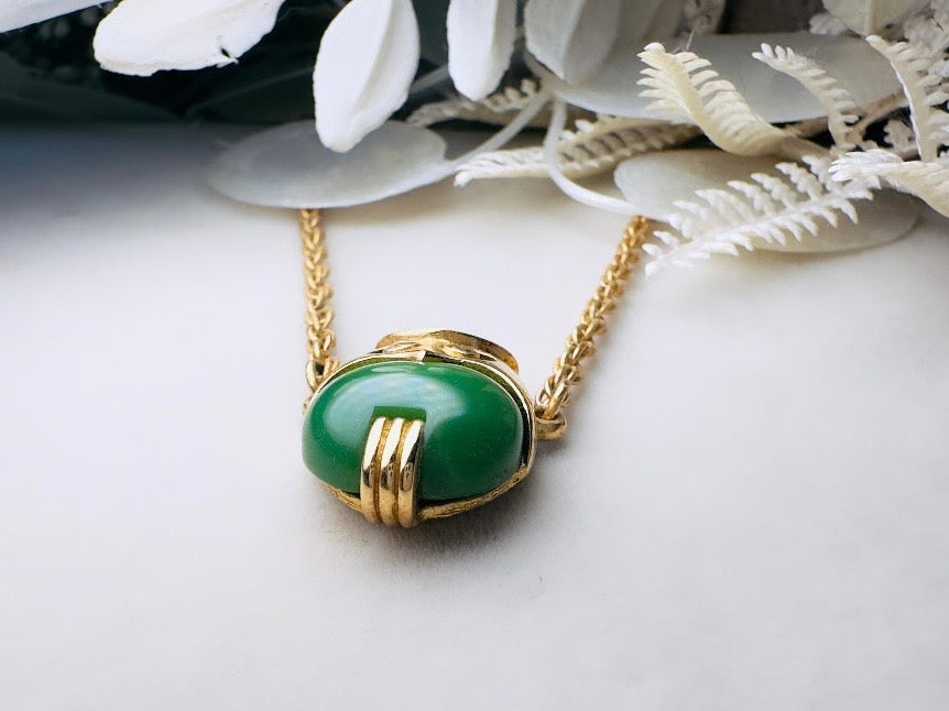 Vintage Owl Necklace, 60s Crown Trifari Jelly Belly Gold Choker with Green Lucite Owl Pendant
