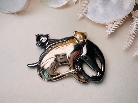 Vintage Panther Brooch, Liz Claiborne Double Cat Brooch: Mixed Metal Gold & Gunmetal Pin