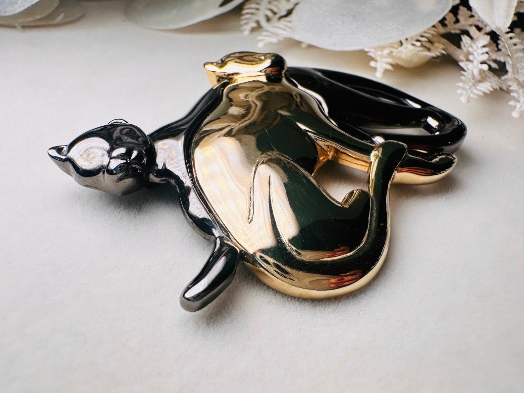 Vintage Panther Brooch, Liz Claiborne Double Cat Brooch: Mixed Metal Gold & Gunmetal Pin