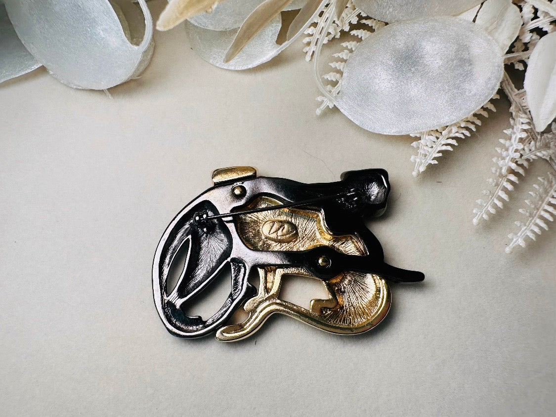 Vintage Panther Brooch, Liz Claiborne Double Cat Brooch: Mixed Metal Gold & Gunmetal Pin