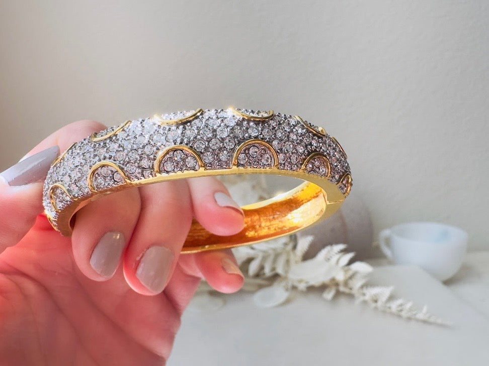 Vintage Pavé Hinged Bangle, Art Deco Gold Bracelet with Sparkling Crystals and Hidden Magnetic Closure