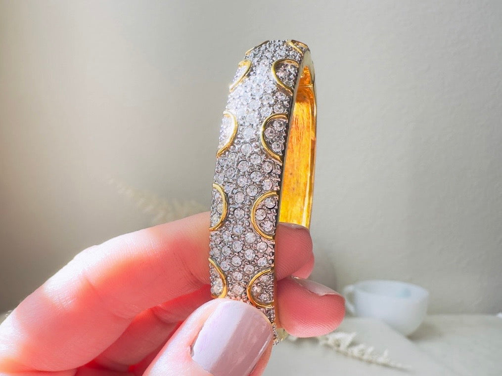 Vintage Pavé Hinged Bangle, Art Deco Gold Bracelet with Sparkling Crystals and Hidden Magnetic Closure