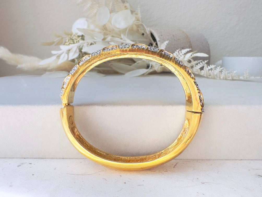 Vintage Pavé Hinged Bangle, Art Deco Gold Bracelet with Sparkling Crystals and Hidden Magnetic Closure