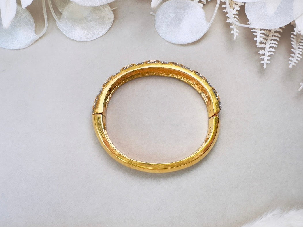 Vintage Pavé Hinged Bangle, Art Deco Gold Bracelet with Sparkling Crystals and Hidden Magnetic Closure