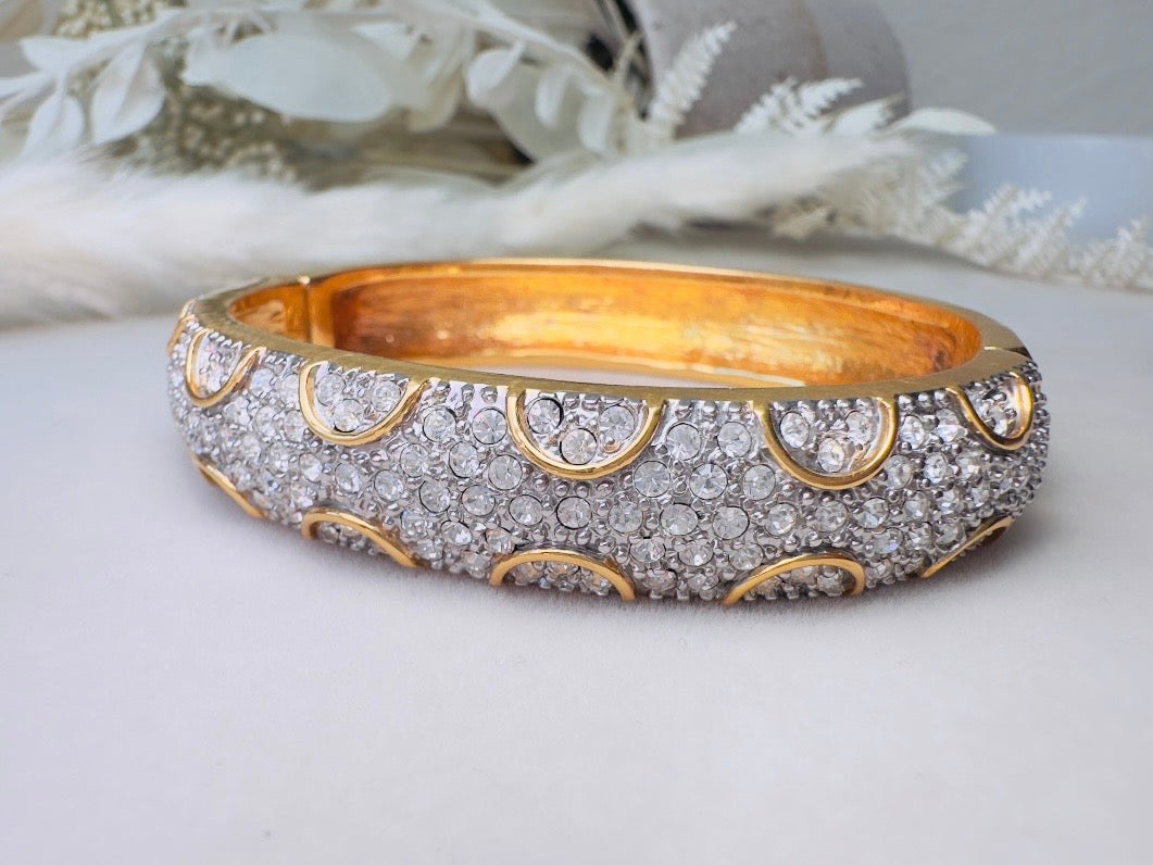 Vintage Pavé Hinged Bangle, Art Deco Gold Bracelet with Sparkling Crystals and Hidden Magnetic Closure