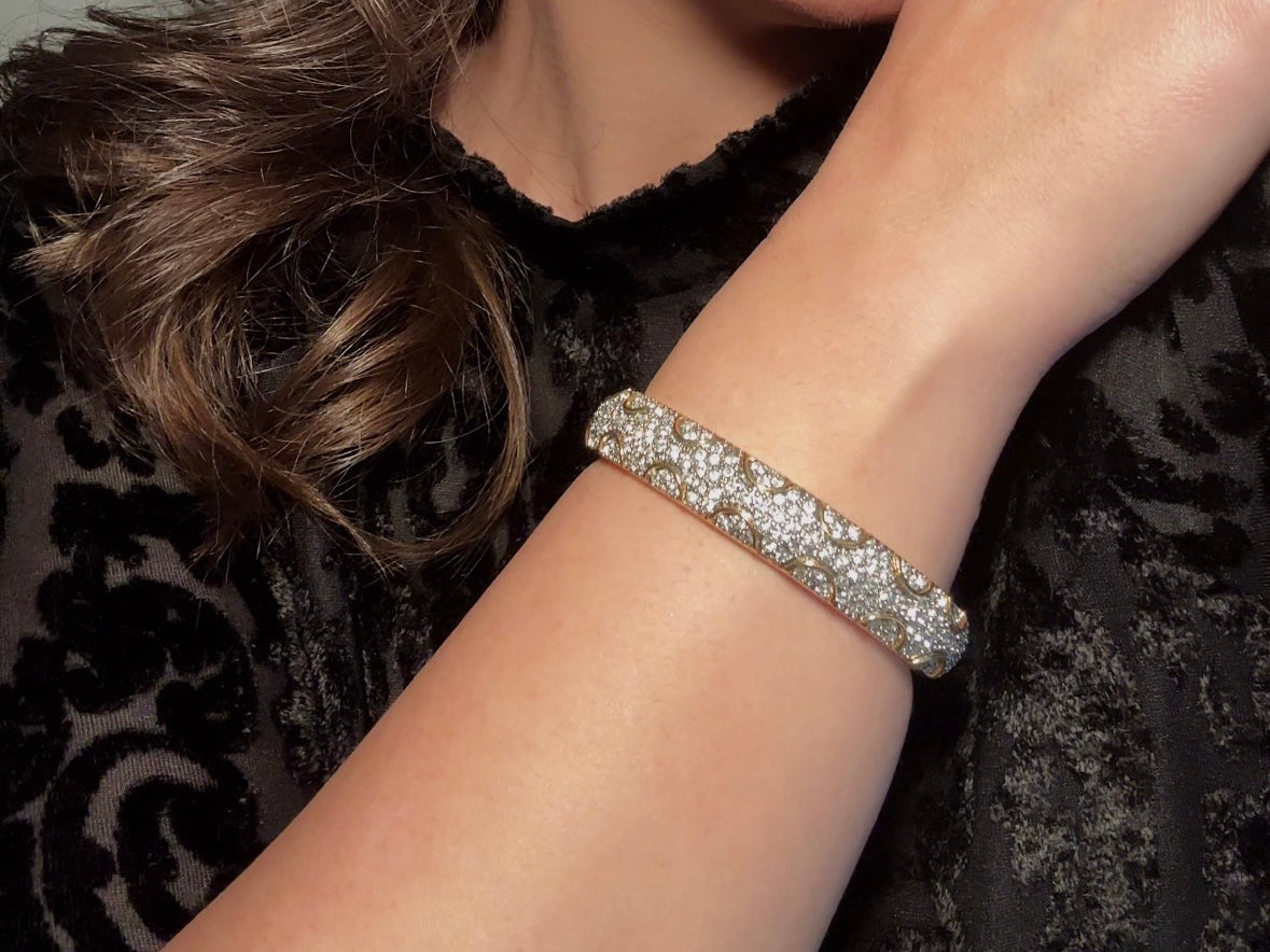 Vintage Pavé Hinged Bangle, Art Deco Gold Bracelet with Sparkling Crystals and Hidden Magnetic Closure
