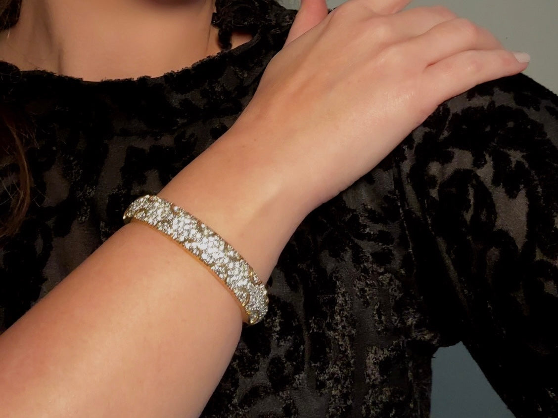 Vintage Pavé Hinged Bangle, Art Deco Gold Bracelet with Sparkling Crystals and Hidden Magnetic Closure