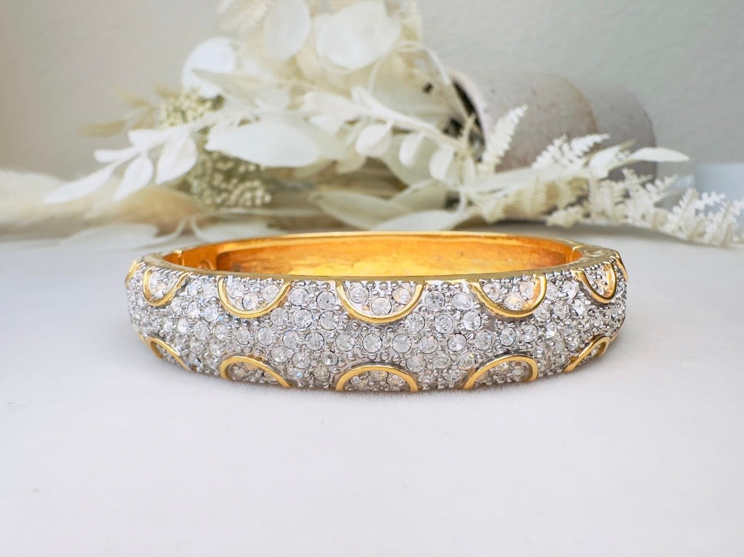 Vintage Pavé Hinged Bangle, Art Deco Gold Bracelet with Sparkling Crystals and Hidden Magnetic Closure