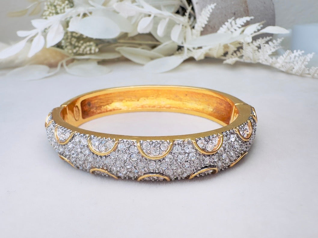 Vintage Pavé Hinged Bangle, Art Deco Gold Bracelet with Sparkling Crystals and Hidden Magnetic Closure
