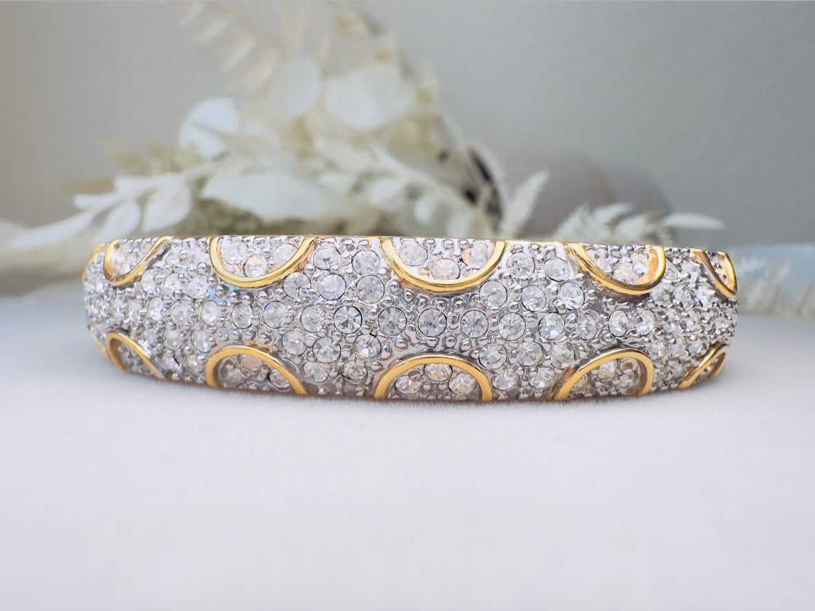 Vintage Pavé Hinged Bangle, Art Deco Gold Bracelet with Sparkling Crystals and Hidden Magnetic Closure