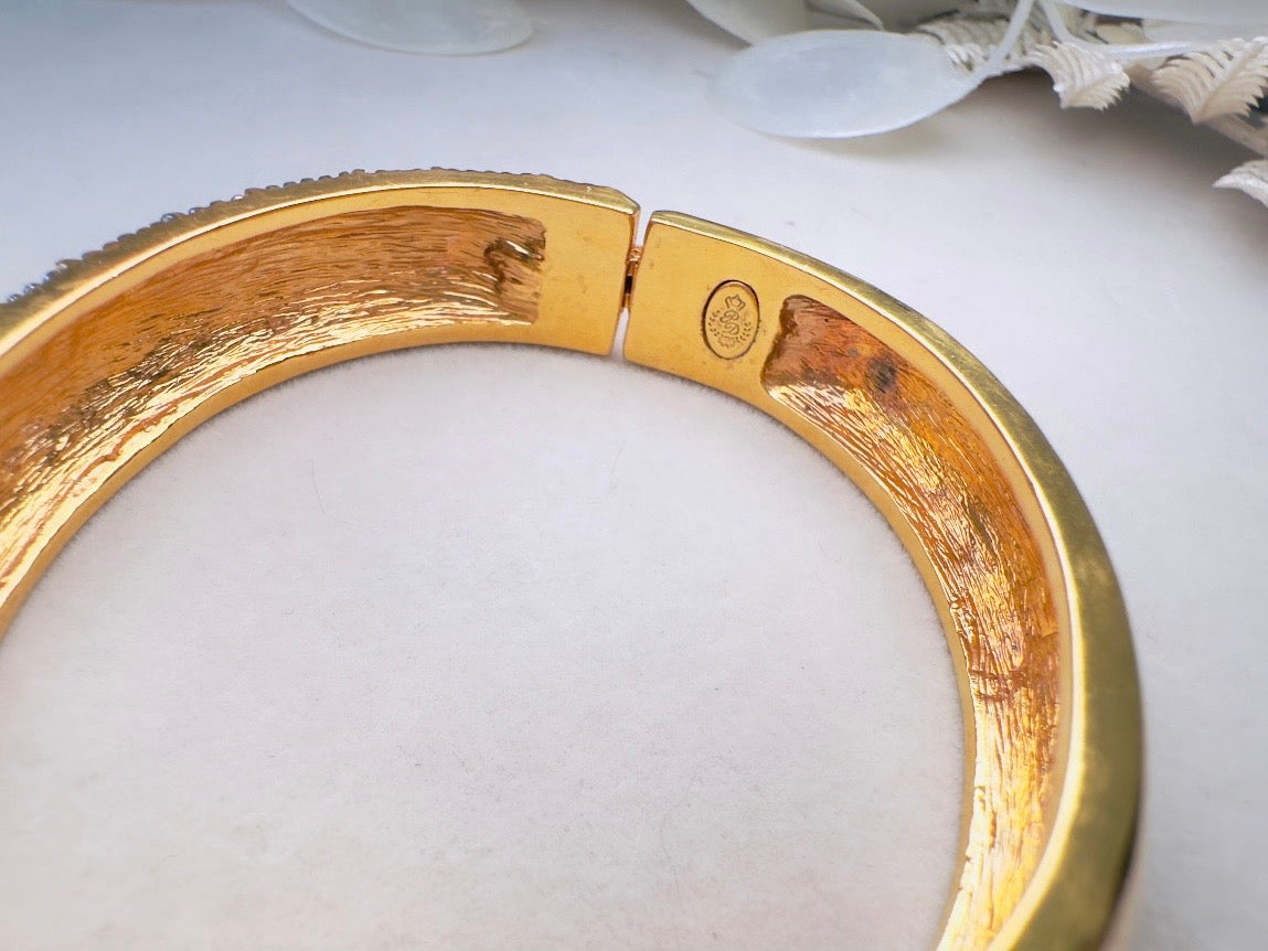 Vintage Pavé Hinged Bangle, Art Deco Gold Bracelet with Sparkling Crystals and Hidden Magnetic Closure