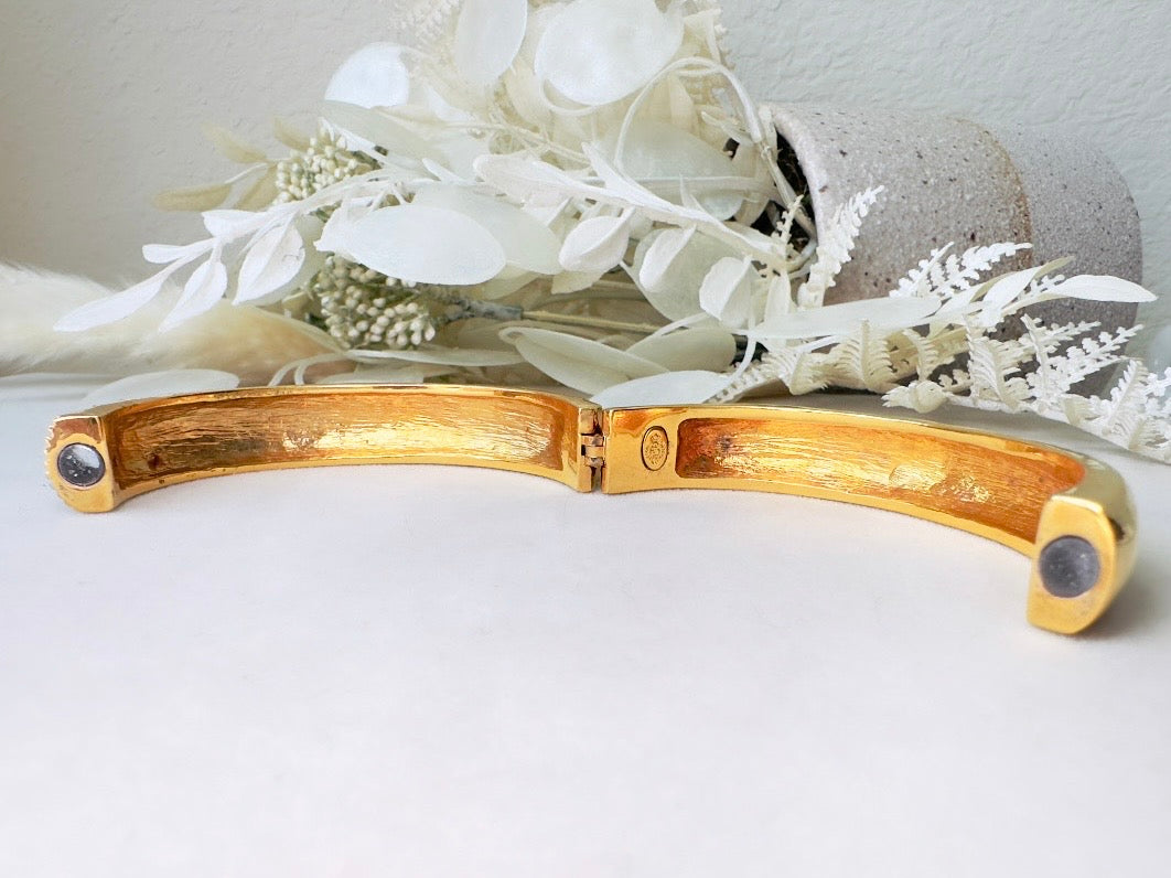 Vintage Pavé Hinged Bangle, Art Deco Gold Bracelet with Sparkling Crystals and Hidden Magnetic Closure