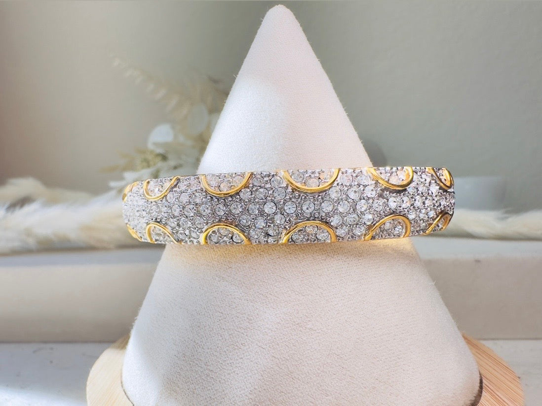 Vintage Pavé Hinged Bangle, Art Deco Gold Bracelet with Sparkling Crystals and Hidden Magnetic Closure