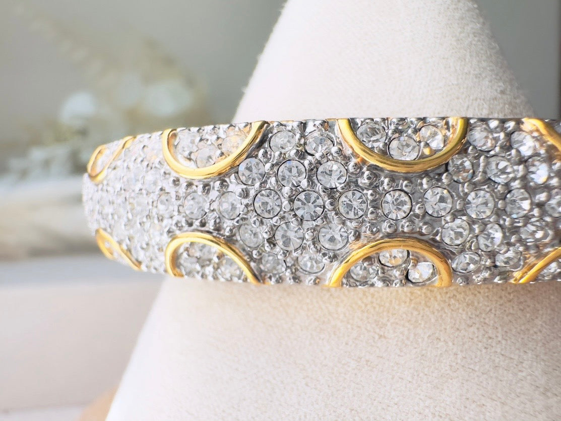 Vintage Pavé Hinged Bangle, Art Deco Gold Bracelet with Sparkling Crystals and Hidden Magnetic Closure