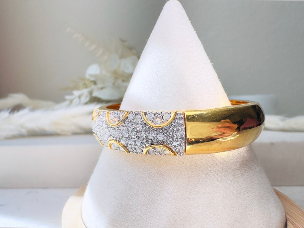 Vintage Pavé Hinged Bangle, Art Deco Gold Bracelet with Sparkling Crystals and Hidden Magnetic Closure